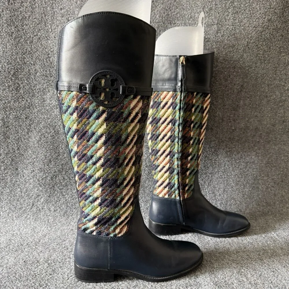 Tory Burch Miller Bouclé Tweed Leather Riding Tall Boots 7 M/38 Navy Blue Logo